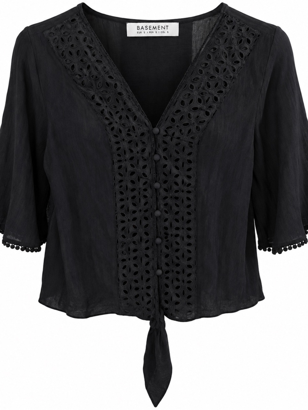 Basement Black Crochet-Trim Button Tie Front Shirt